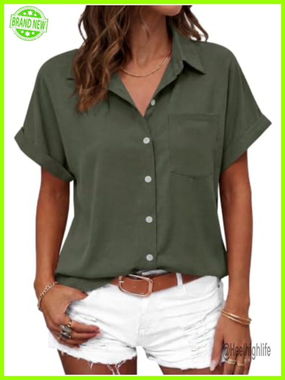Beautife Women's Short Sleeve Button Down Blouse V-Neck Summer Top
